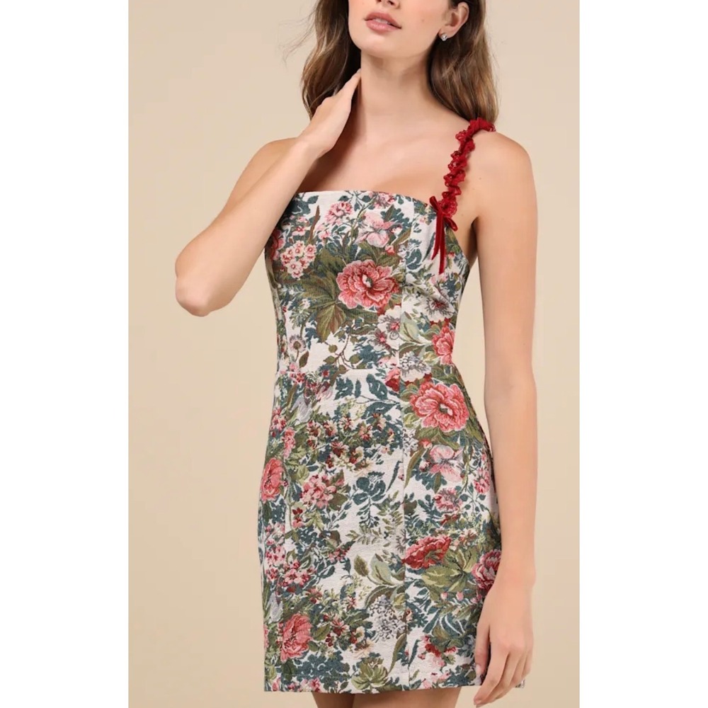 Lulus Floral Tapestry Mini Dress Burgundy Lace Straps Lace-Up Back XL - FLAW